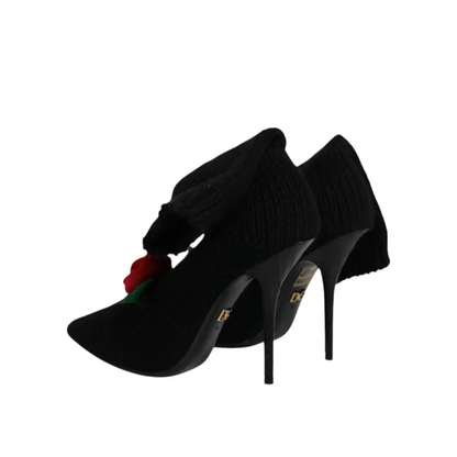 Dolce & Gabbana sorte stiletto heels med strikket tekstur og rød rose – outlet mærkevarer