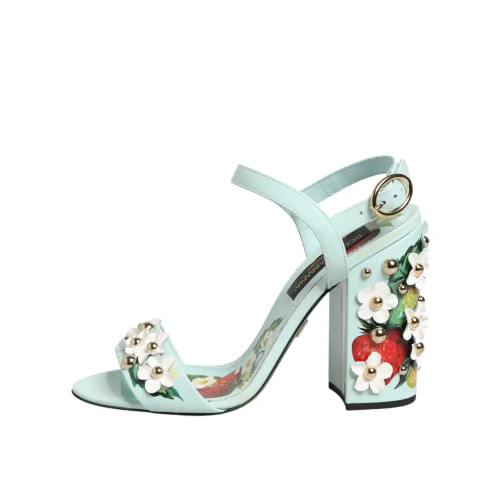 Dolce & Gabbana mint green floral studs heels sandals med blokhæl og blomsterapplikationer