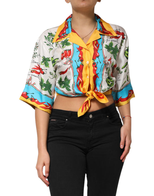 Dolce & Gabbana Multicolor Chili Silk Cropped Blouse Top