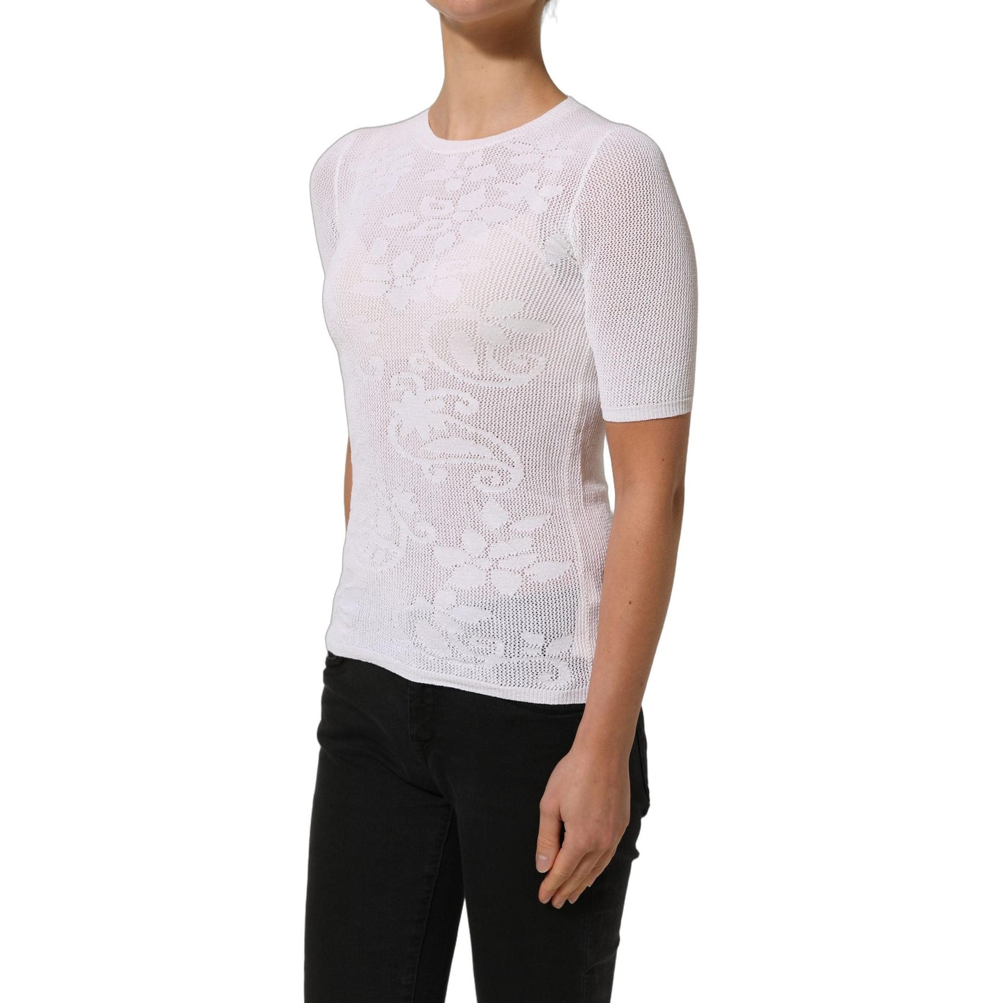 Alpha Studio White Floral Lace Knit Fabric Short Sleeves Blouse Top