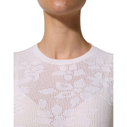 Alpha Studio White Floral Lace Knit Fabric Short Sleeves Blouse Top