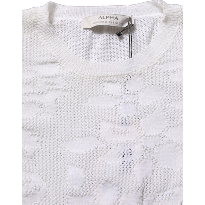 Alpha Studio White Floral Lace Knit Fabric Short Sleeves Blouse Top