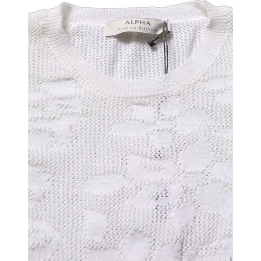 Alpha Studio White Floral Lace Knit Fabric Short Sleeves Blouse Top