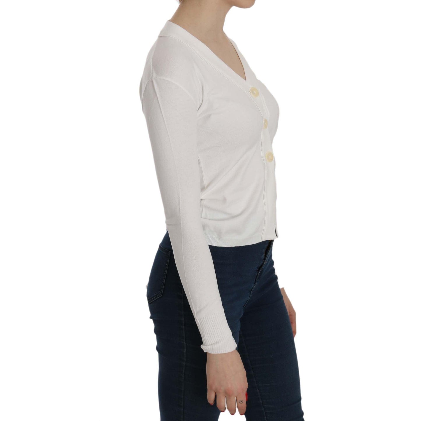 BYBLOS White V-neck Long Sleeve Cropped Cardigan Tops Sweater
