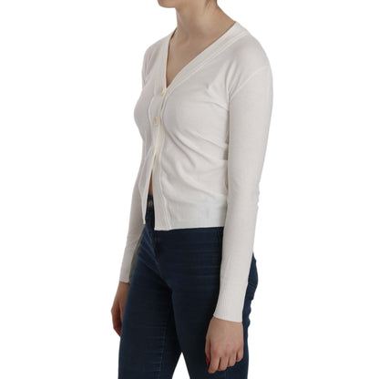 BYBLOS White V-neck Long Sleeve Cropped Cardigan Tops Sweater