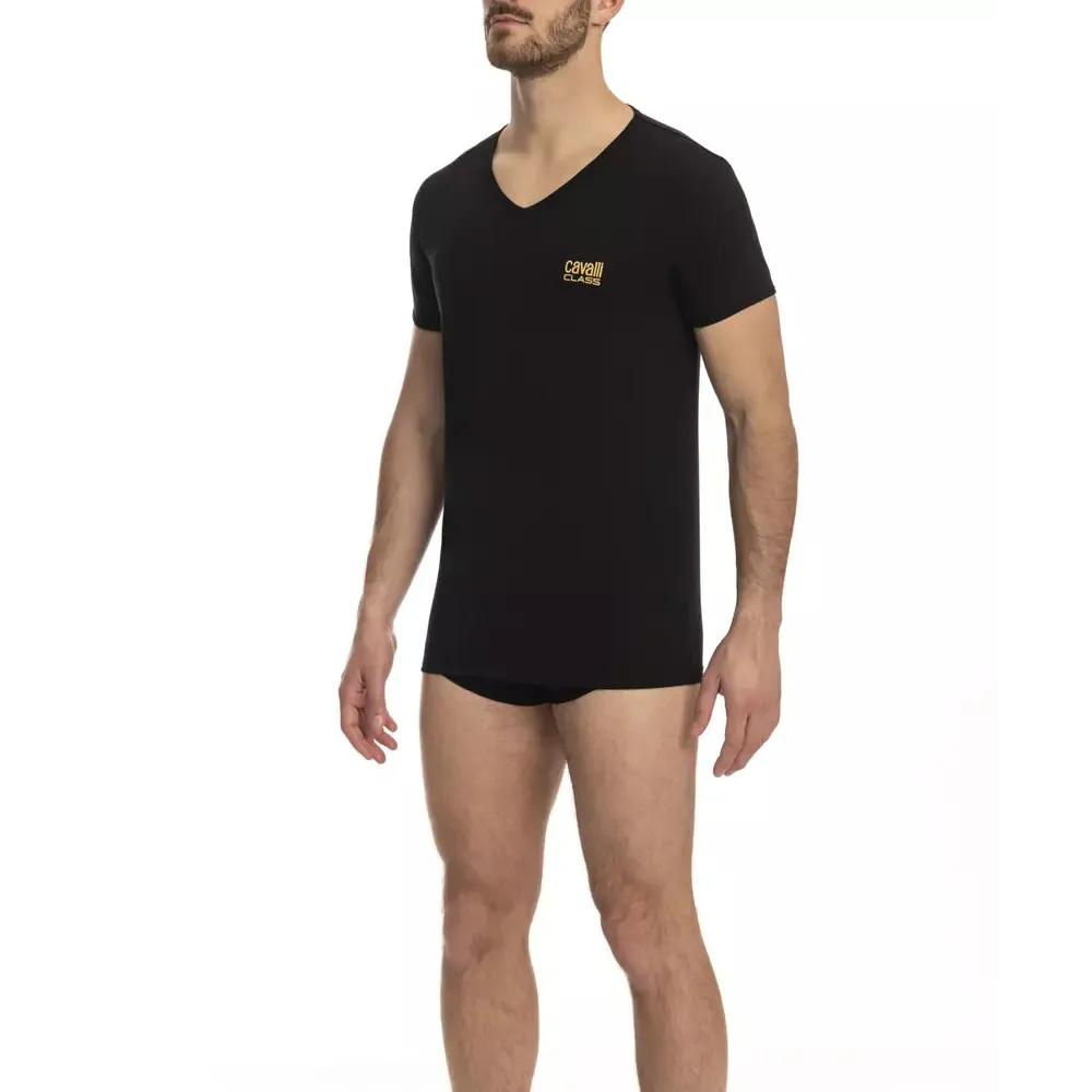 Cavalli Class Black Cotton Men's V-Neck T-Shirt
