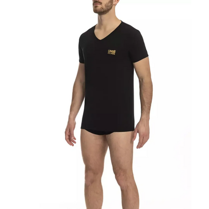 Cavalli Class Black Cotton Men's V-Neck T-Shirt