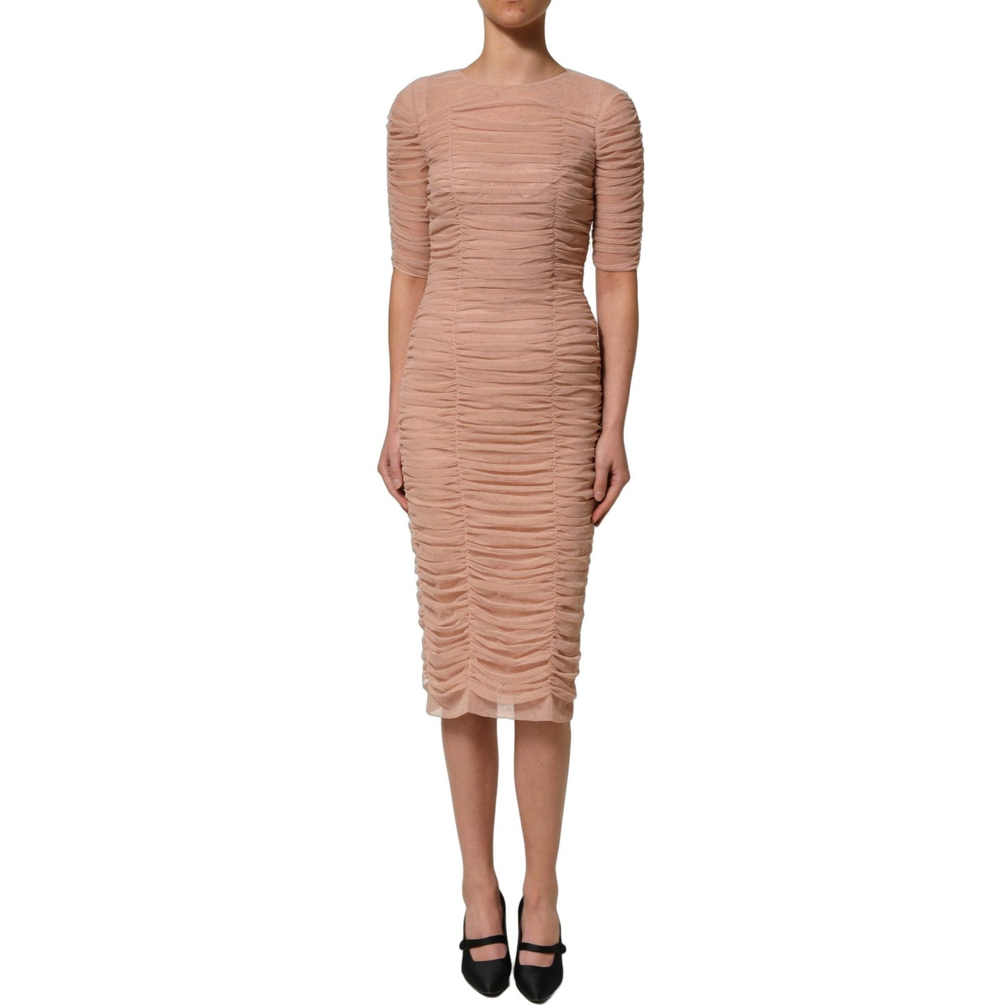 Dolce & Gabbana Beige Cotton Mesh Ruched Sheath Midi Dress