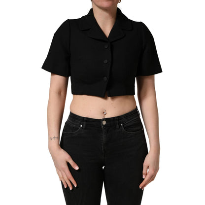 Dolce & Gabbana Black Collared Short Sleeves Cropped Blouse Top