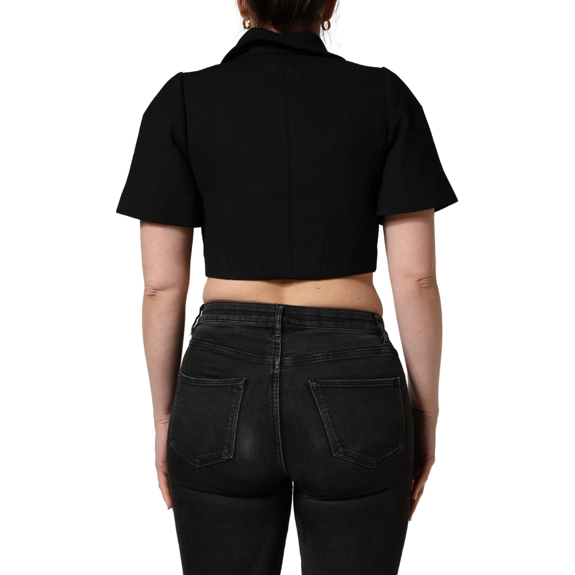 Dolce & Gabbana Black Collared Short Sleeves Cropped Blouse Top