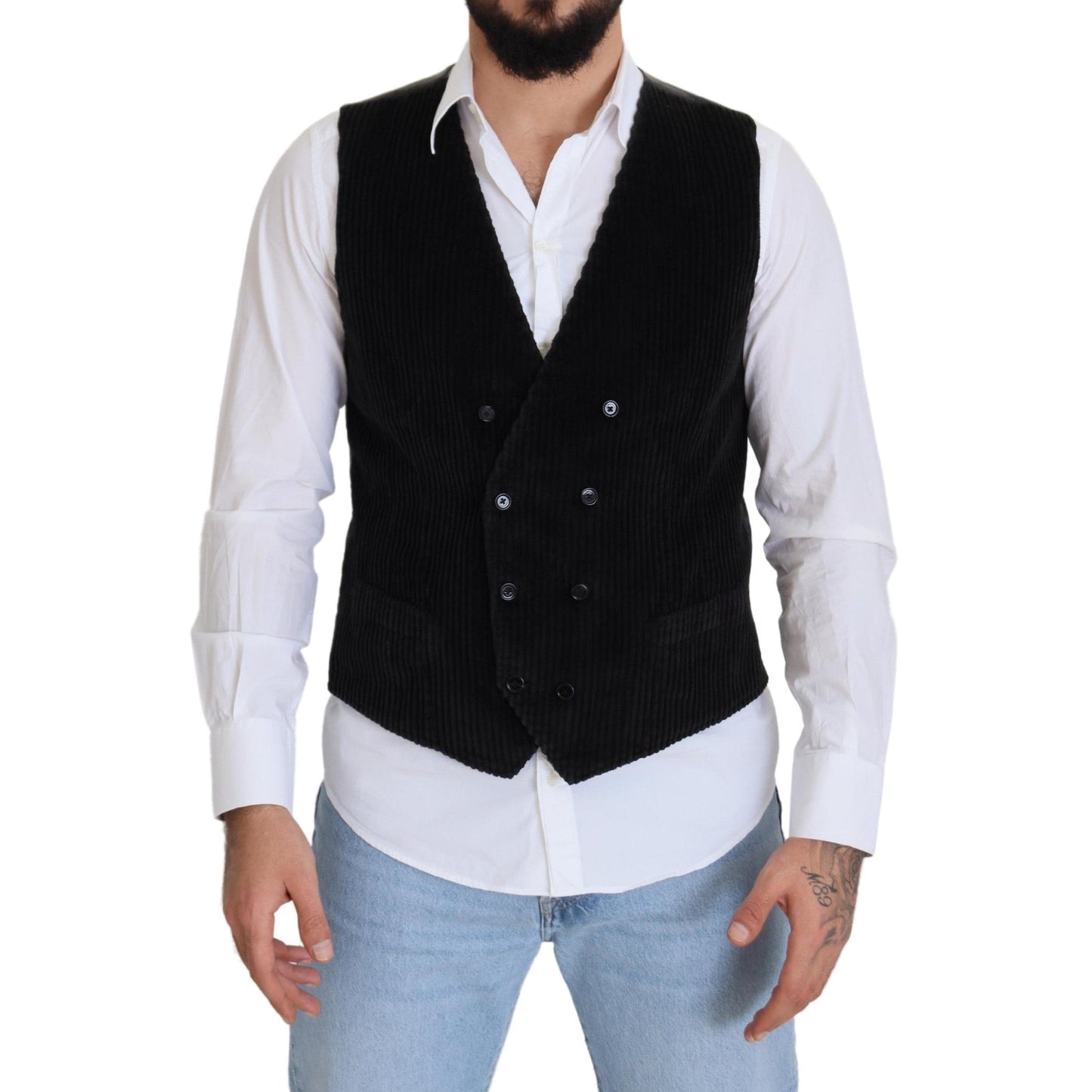Dolce & Gabbana Black Cotton Double Breasted Waistcoat Vest