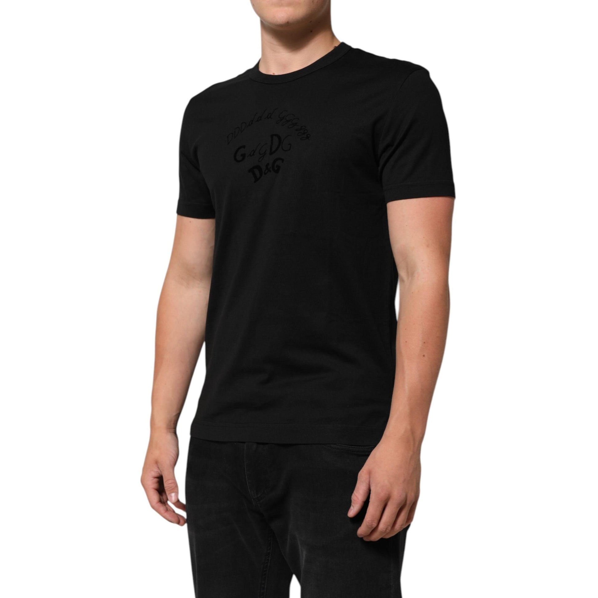 Dolce & Gabbana Black Cotton Velvet Logo Print Men T-shirt