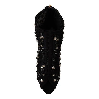 Dolce & Gabbana Black Crystals Heels Zipper Short Boots Shoes