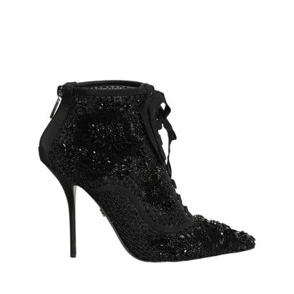 Dolce & Gabbana Black Embellished Mesh Ankle Boots Shoes