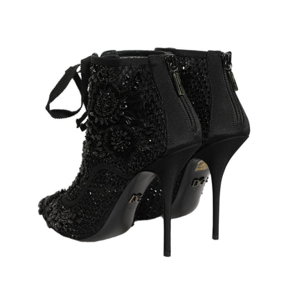 Dolce & Gabbana Black Embellished Mesh Ankle Boots Shoes