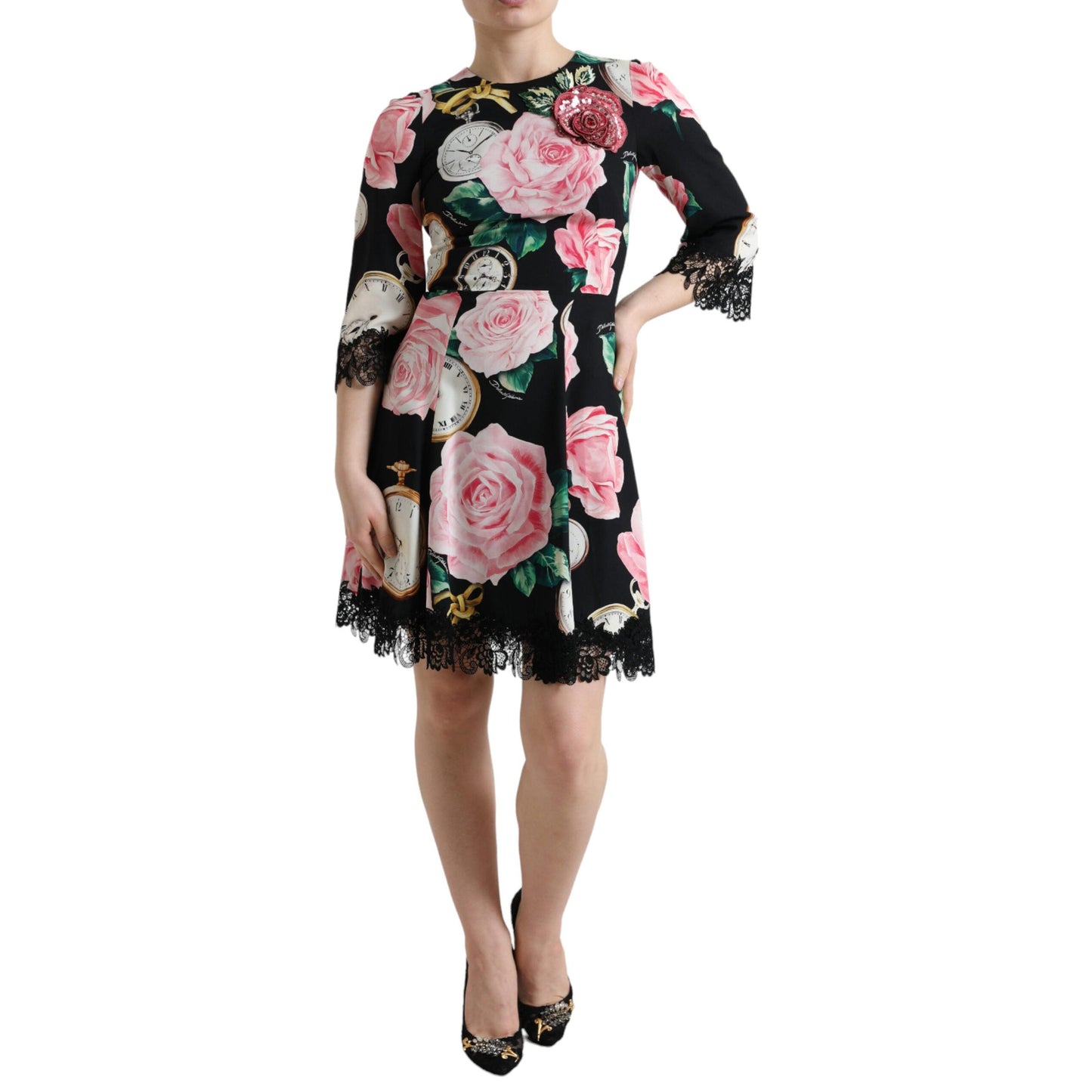 Dolce & Gabbana Black Floral Embellished Lace A-line Dress