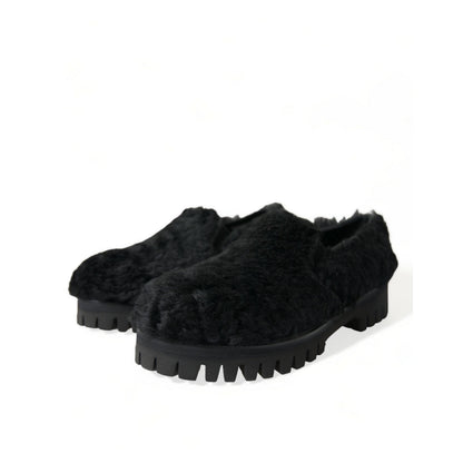 Dolce & Gabbana Black Fur Leather Slippers Dress Shoes