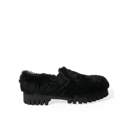 Dolce & Gabbana Black Fur Leather Slippers Dress Shoes