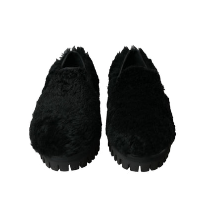 Dolce & Gabbana Black Fur Leather Slippers Dress Shoes