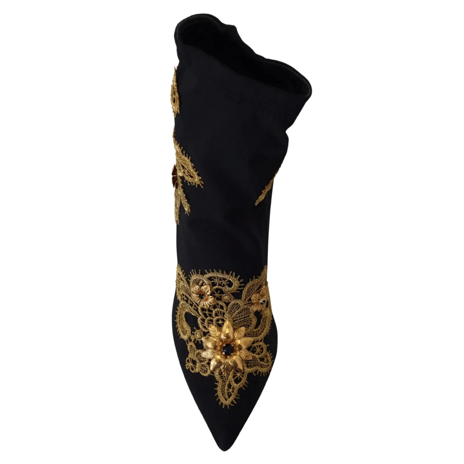 Dolce & Gabbana Black Gold Embroidery Crystal Boots Shoes