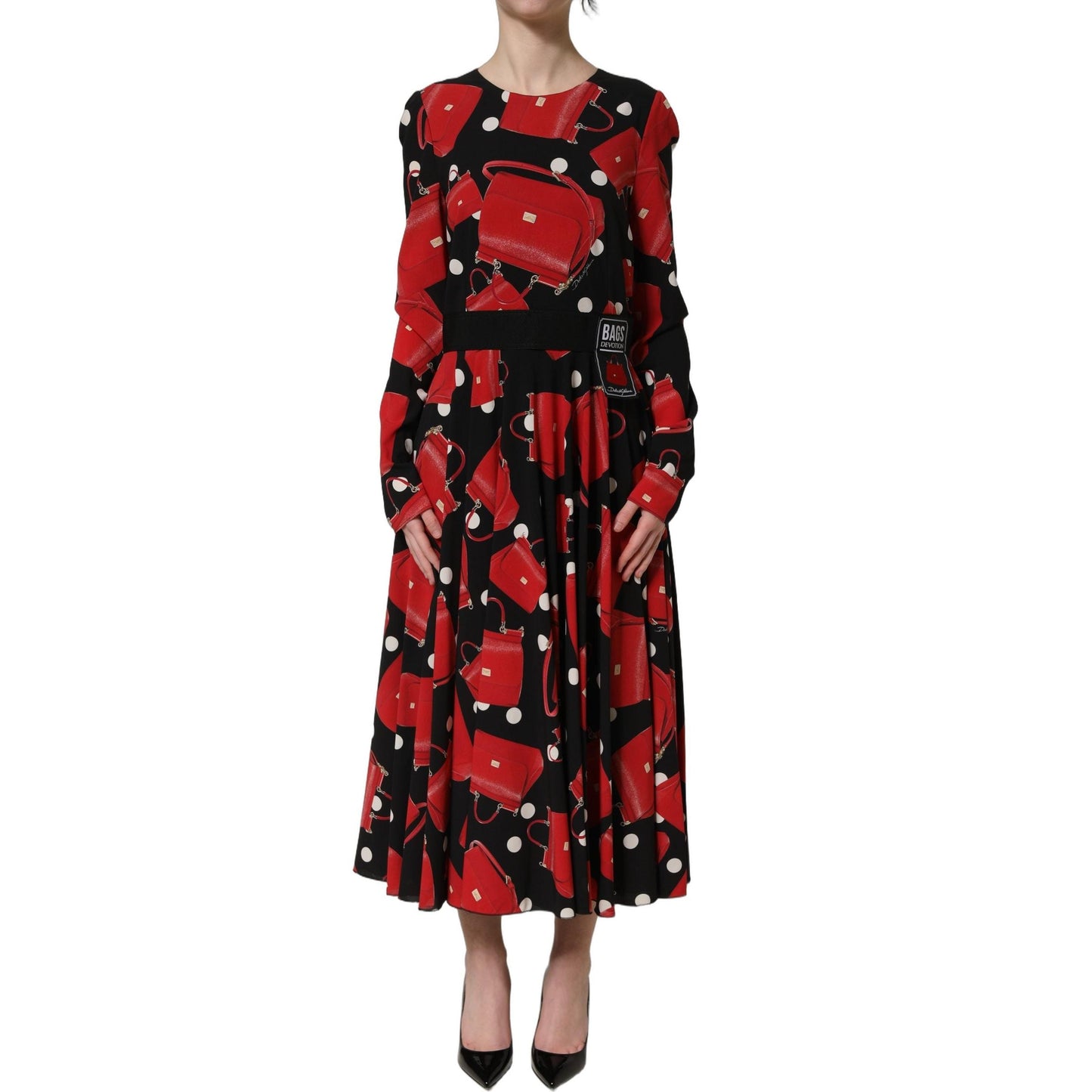 Dolce & Gabbana Black Handbag Print Long Sleeve Midi Dress