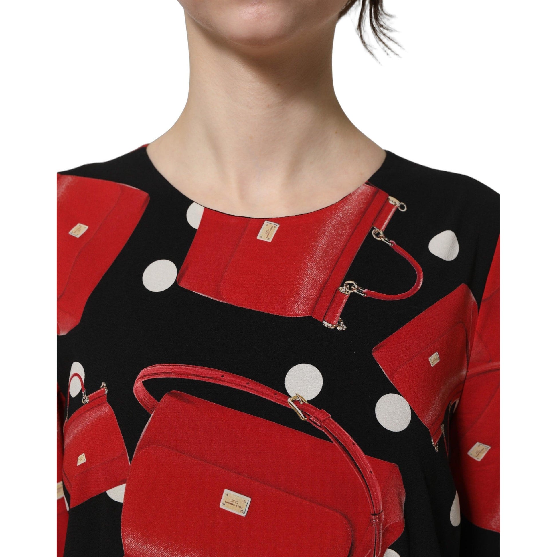Dolce & Gabbana Black Handbag Print Long Sleeve Midi Dress