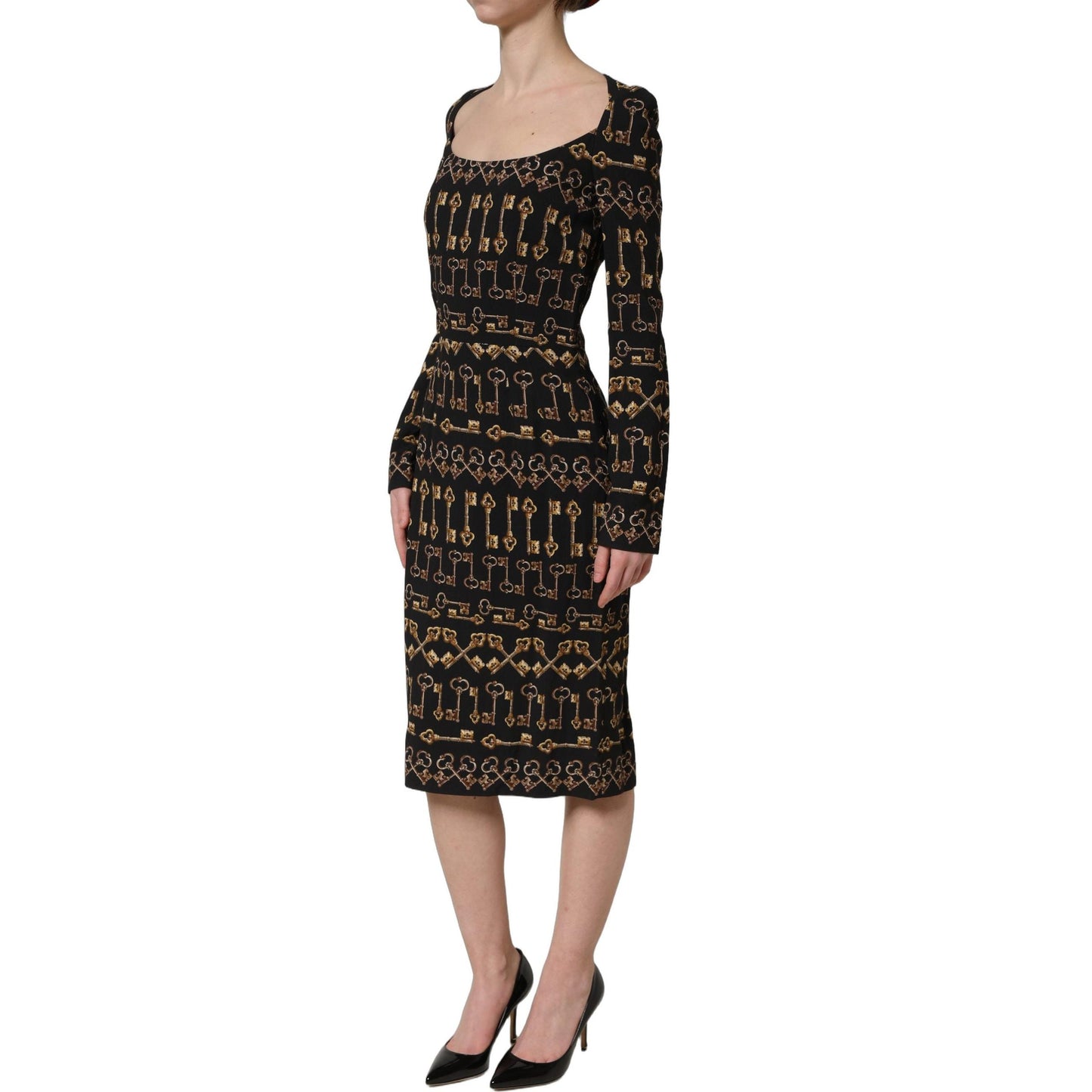 Dolce & Gabbana Black Key Print Long Sleeves Sheath Midi Dress