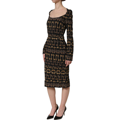 Dolce & Gabbana Black Key Print Long Sleeves Sheath Midi Dress