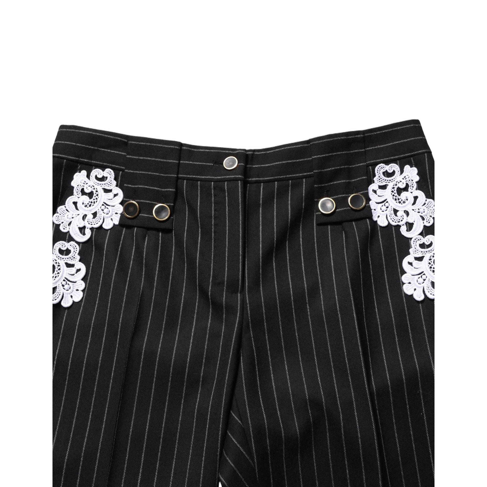 Dolce & Gabbana Black Lace Applique Pinstripe Cropped Pants