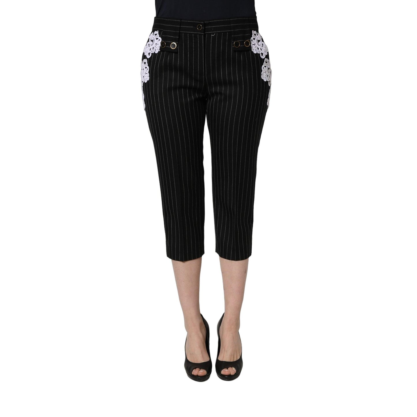 Dolce & Gabbana Black Lace Applique Pinstripe Cropped Pants