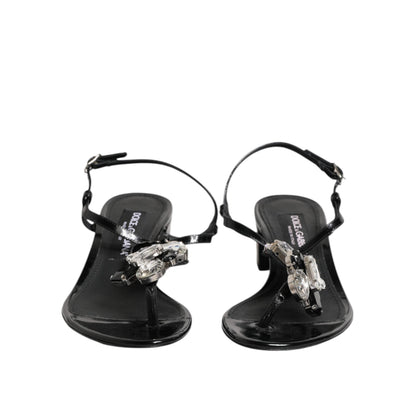 Dolce & Gabbana Black Leather Crystal Ankle Strap Sandals Shoes