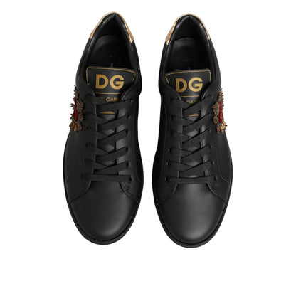 Dolce & Gabbana Black Leather Heart Embellished Sneakers Shoes
