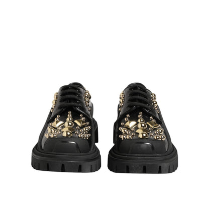 Dolce & Gabbana Black Leather Jeweled Crystals Derby Shoes