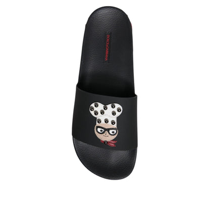 Dolce & Gabbana Black Leather Slides Sandals Beachwear Shoes