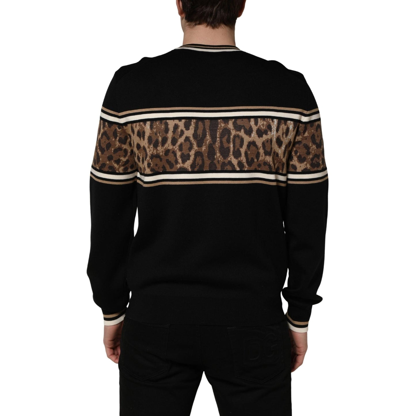 Dolce & Gabbana Black Leopard Wool Crew Neck Men Pullover Sweater