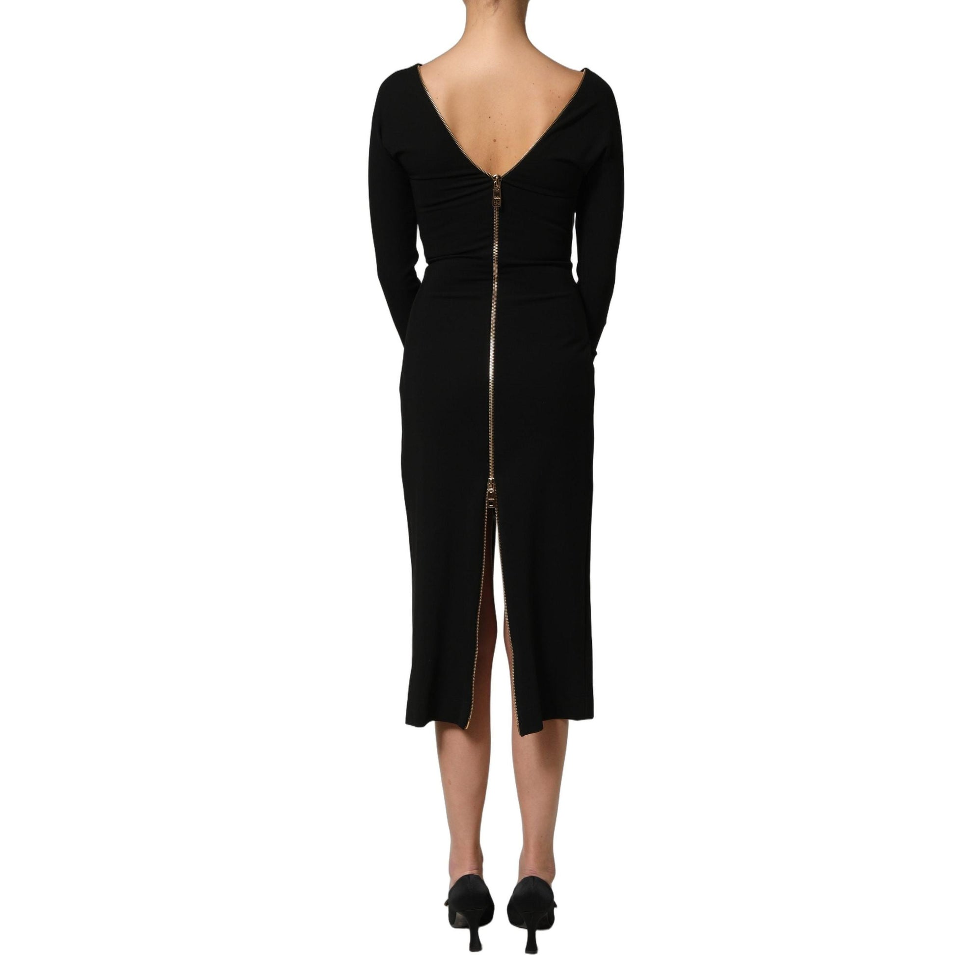 Dolce & Gabbana Black Long Sleeves Front Zipper Midi Dress