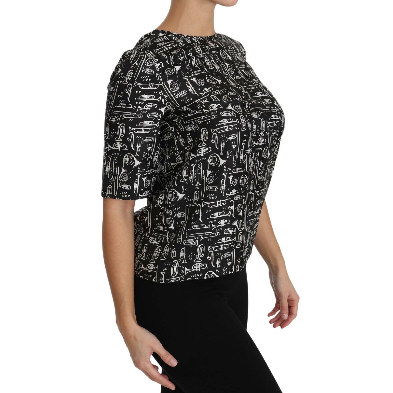 Dolce & Gabbana Black Musical Instruments Print Silk Blouse