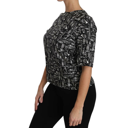 Dolce & Gabbana Black Musical Instruments Print Silk Blouse