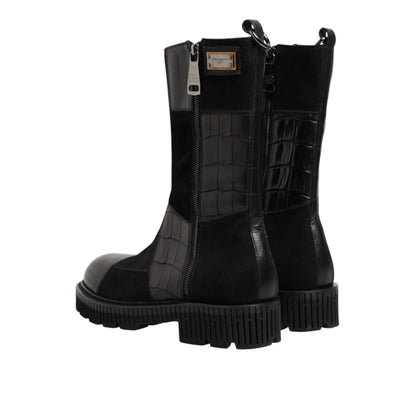 Dolce & Gabbana Black Patchwork Leather Mid Calf Boot Shoes