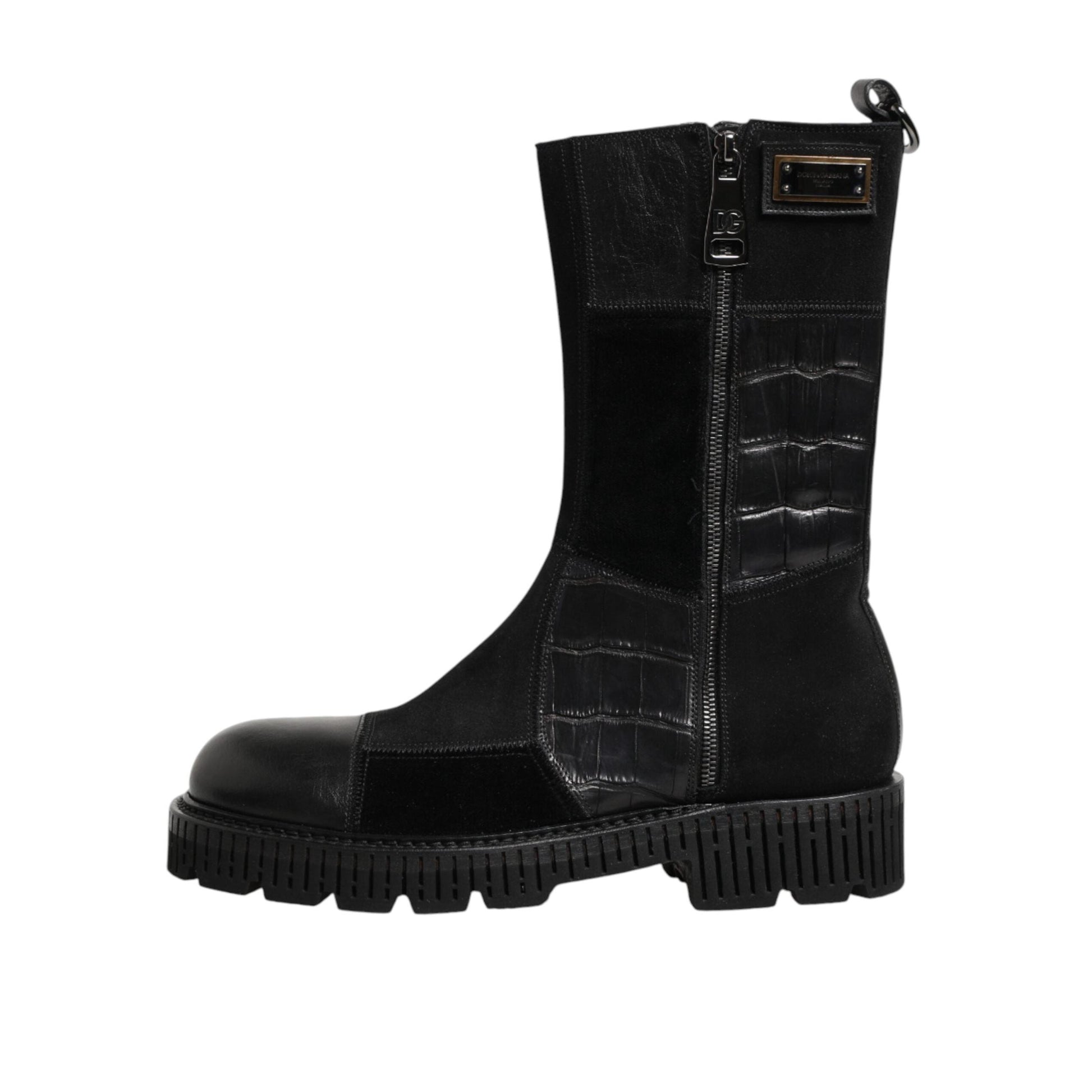 Dolce & Gabbana Black Patchwork Leather Mid Calf Boot Shoes