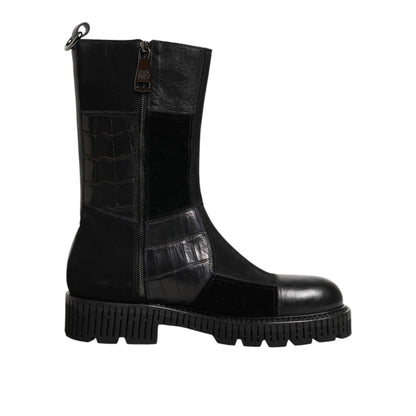 Dolce & Gabbana Black Patchwork Leather Mid Calf Boot Shoes