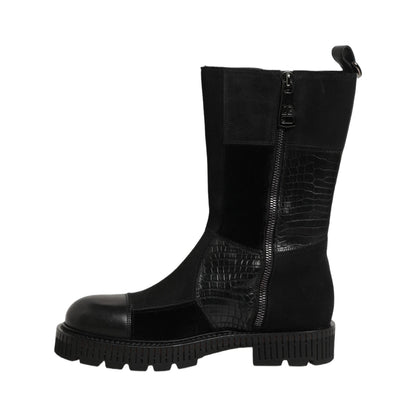 Dolce & Gabbana Black Patchwork Leather Mid Calf Boots Shoes