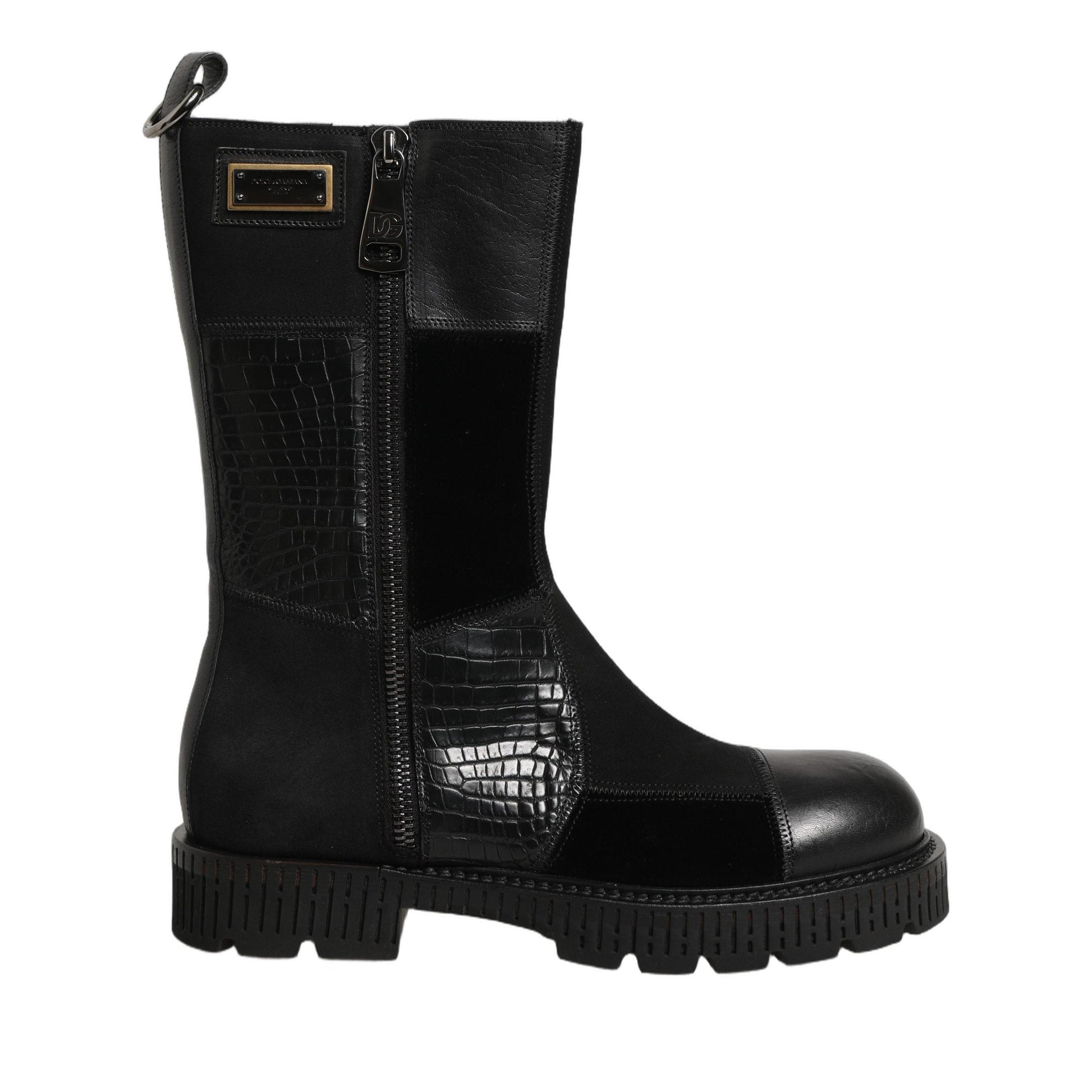 Dolce & Gabbana Black Patchwork Leather Mid Calf Boots Shoes