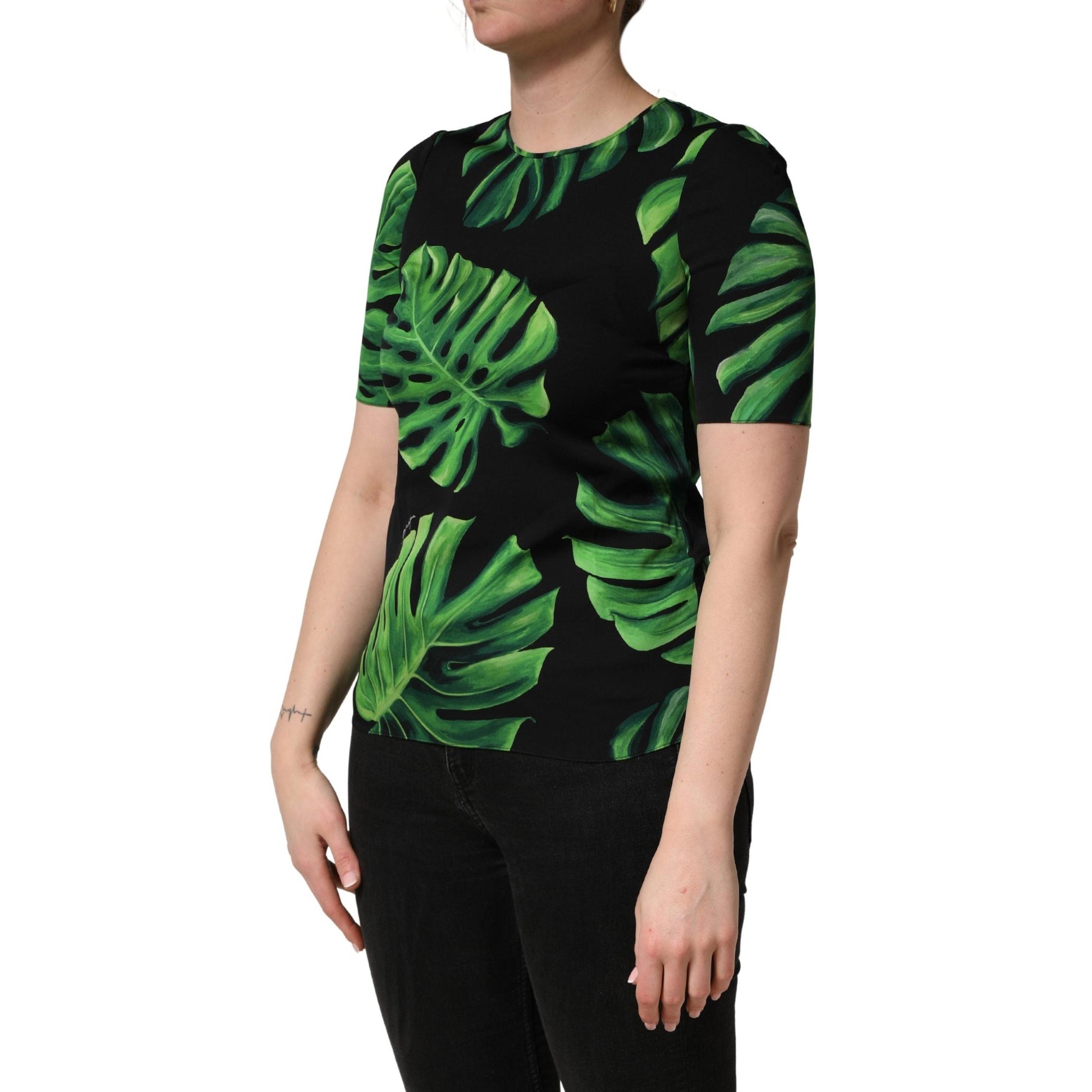 Dolce & Gabbana Black Philodendron Print Silk Blouse Top