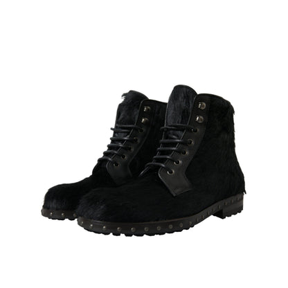 Dolce & Gabbana Black Pony Style Leather Mid Calf Boots Shoes