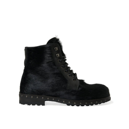 Dolce & Gabbana Black Pony Style Leather Mid Calf Boots Shoes