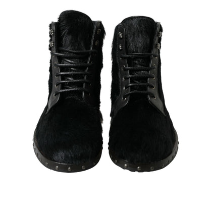 Dolce & Gabbana Black Pony Style Leather Mid Calf Boots Shoes