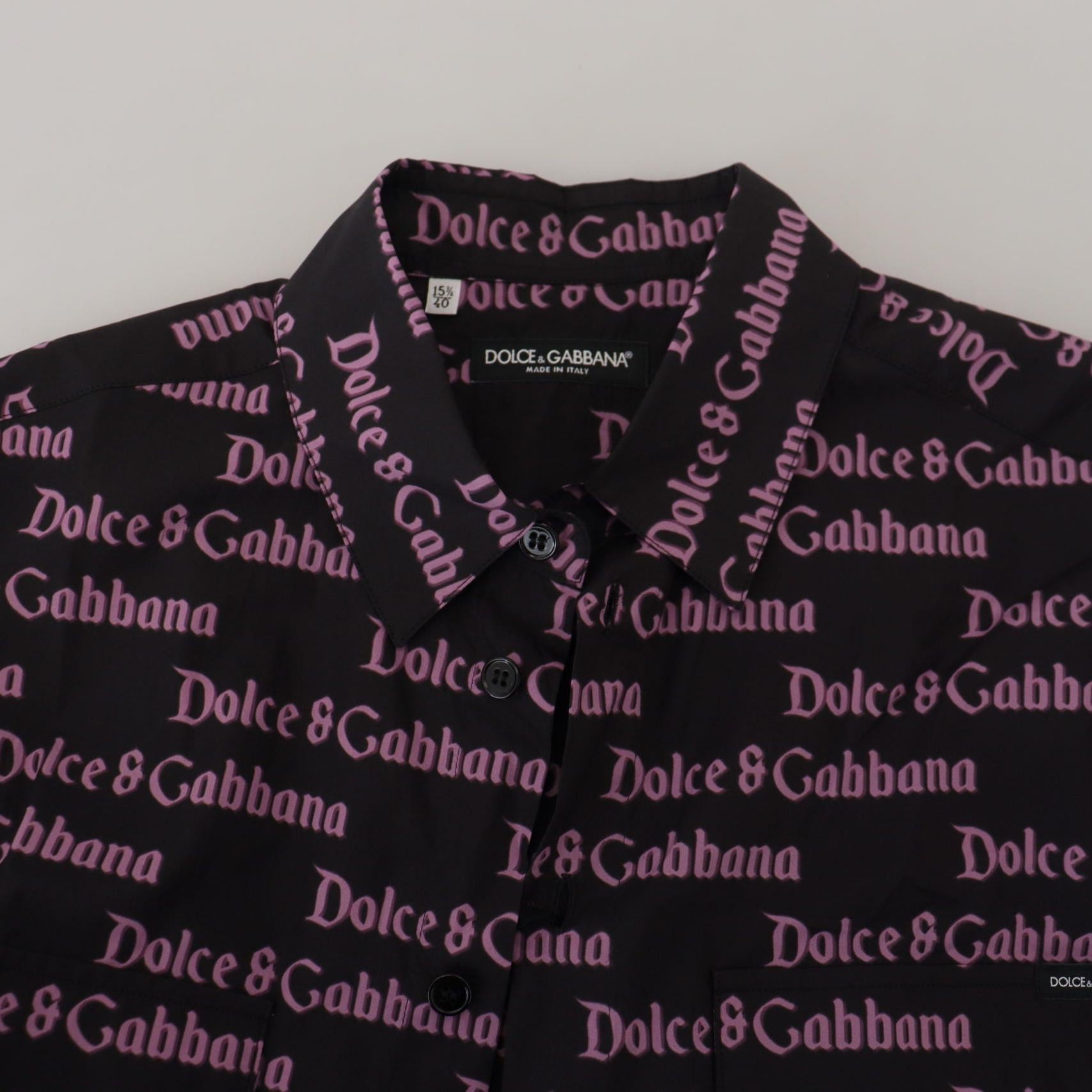 Dolce & Gabbana Black Purple Logo Slim Dress Formal Shirt