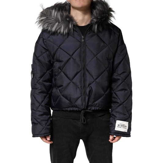 Dolce & Gabbana Black Quilted Fur Shearling Hooded Jacket