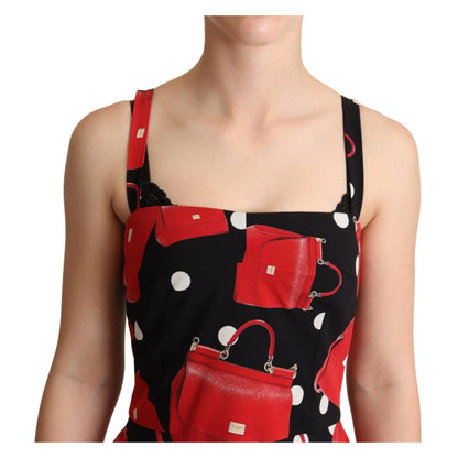 Dolce & Gabbana Black Red Bag Print A-line Mid Length Dress